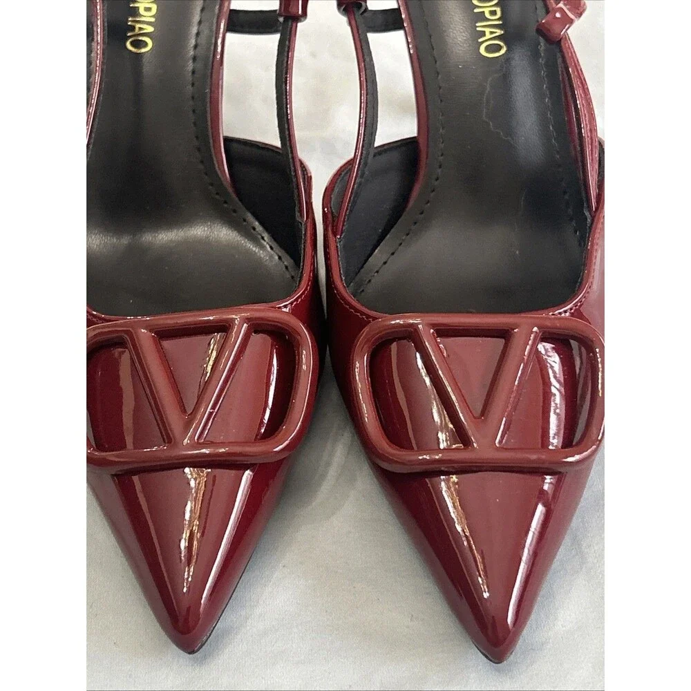 Cherry Red Patent Leather, Pointed Toe, V-Logo Slingback Pumps Sz 38